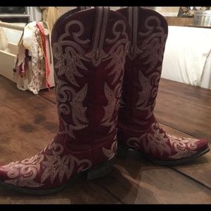 Lane red embroidered boots. White stitching. "Wild